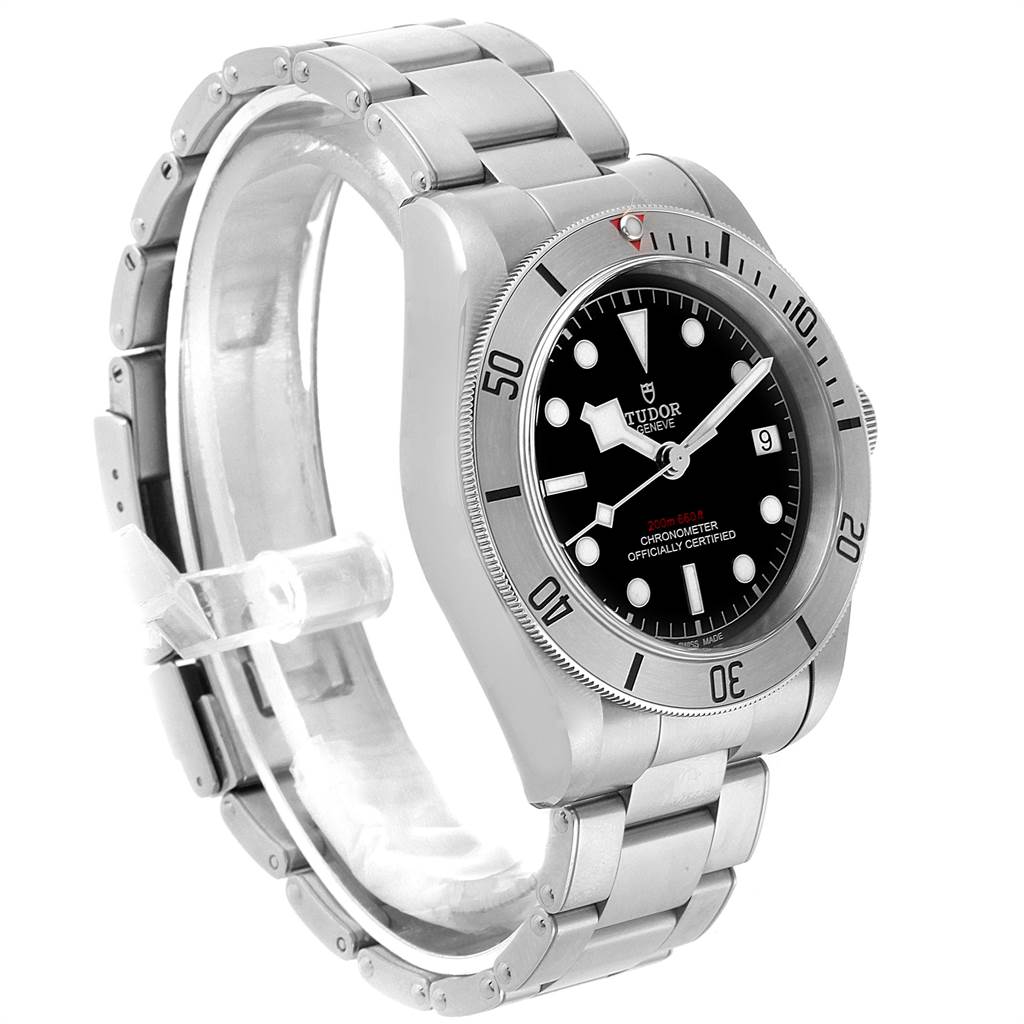 The image shows a Tudor Heritage Black Bay 55020 Men's Stainless Steel Black Dial 55020 Men's Stainless Steel Black Dial watch at a side angle, highlighting its stainless steel bracelet, dial, and bezel.