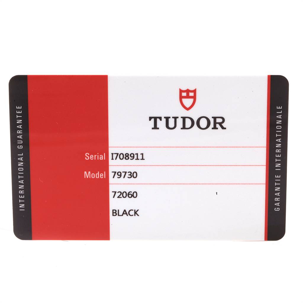 The image shows the international guarantee card for the Heritage Black Bay model by Tudor.