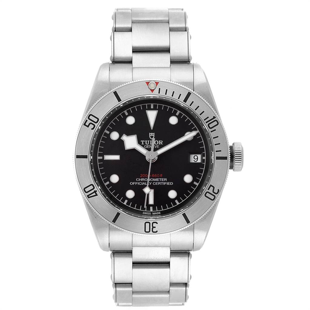 The image shows a front view of a Tudor Heritage Black Bay 55020 Men's Stainless Steel Black Dial 55020 Men's Stainless Steel Black Dial watch, showcasing the dial, bezel, crown, and bracelet.