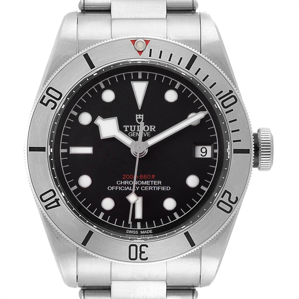 The image shows a front view of the Tudor Heritage Black Bay 55020 Men's Stainless Steel Black Dial 55020 Men's Stainless Steel Black Dial watch, displaying the dial, bezel, crown, and part of the bracelet.
