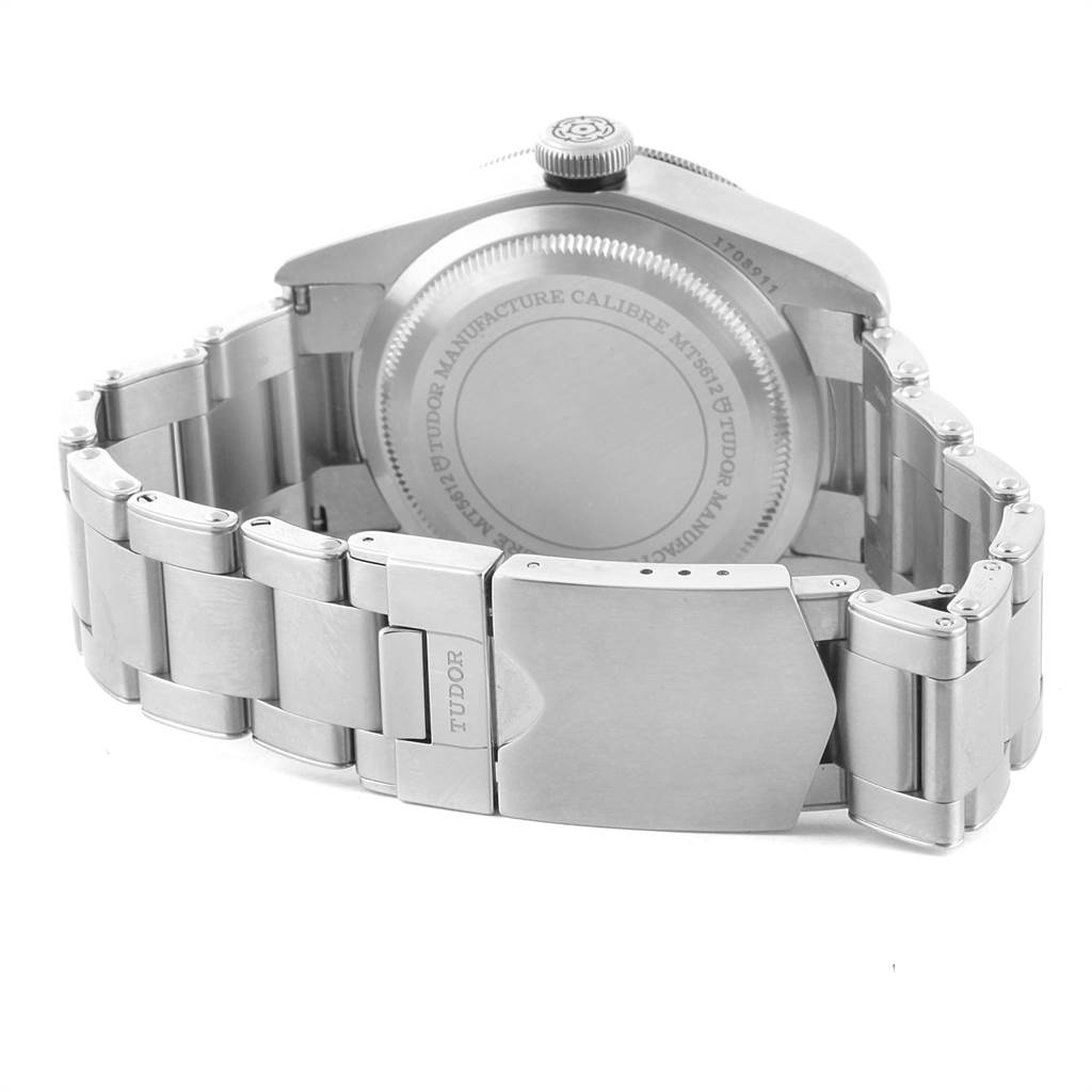 The image shows the back case and bracelet of the Tudor Heritage Black Bay 55020 Men's Stainless Steel Black Dial 55020 Men's Stainless Steel Black Dial watch, including the clasp and crown.