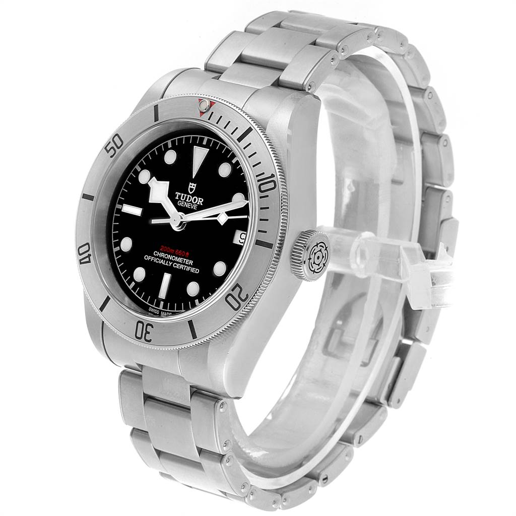 This image displays a Heritage Black Bay model by Tudor, showcasing its face, bezel, bracelet, and crown at an oblique angle.