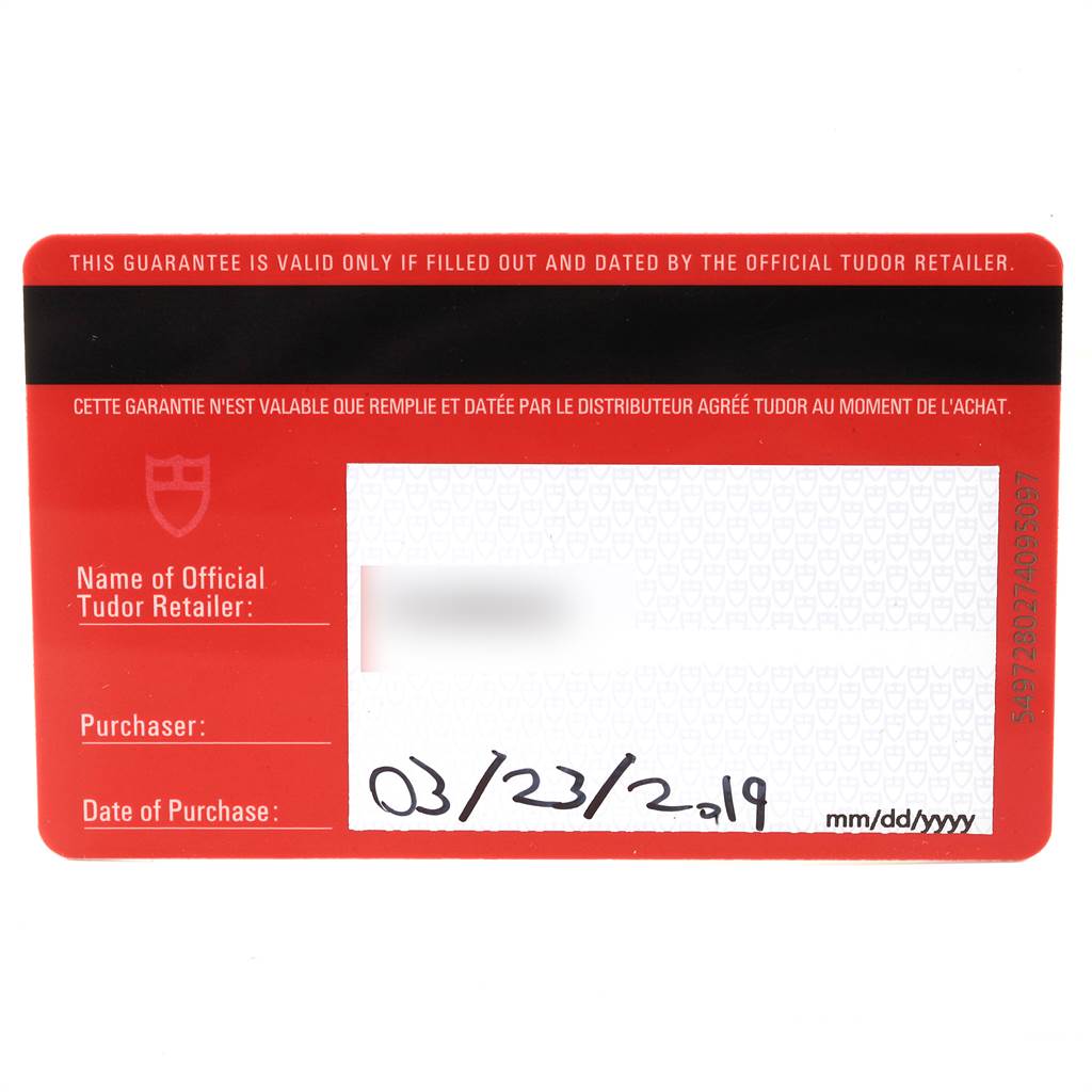 This is the warranty card for the Tudor Heritage Black Bay 55020 Men's Stainless Steel Black Dial 55020 Men's Stainless Steel Black Dial model, showing the retailer, purchaser, and date of purchase fields.