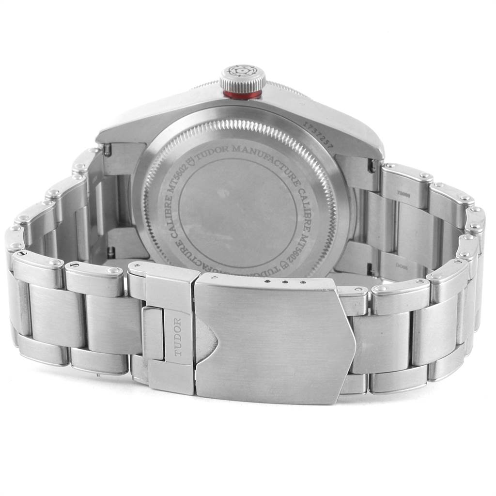 The image shows the back view of the Tudor Heritage Black Bay 79230R Men's Stainless Steel Black Dial 79230R Men's Stainless Steel Black Dial watch, highlighting the clasp, bracelet, and case back.