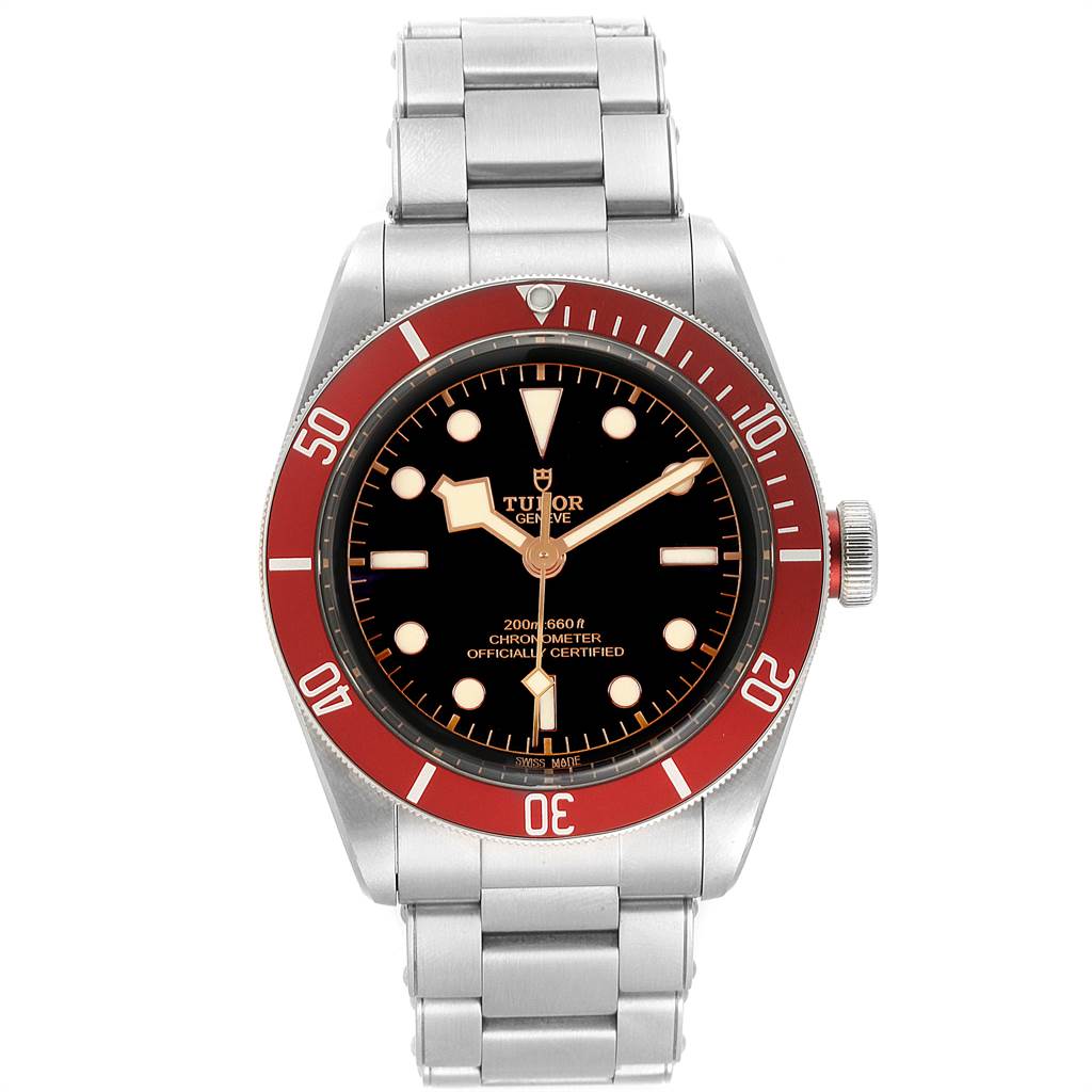 The image shows a front view of a Tudor Heritage Black Bay 79230R Men's Stainless Steel Black Dial 79230R Men's Stainless Steel Black Dial watch, highlighting the dial, bezel, case, and bracelet.