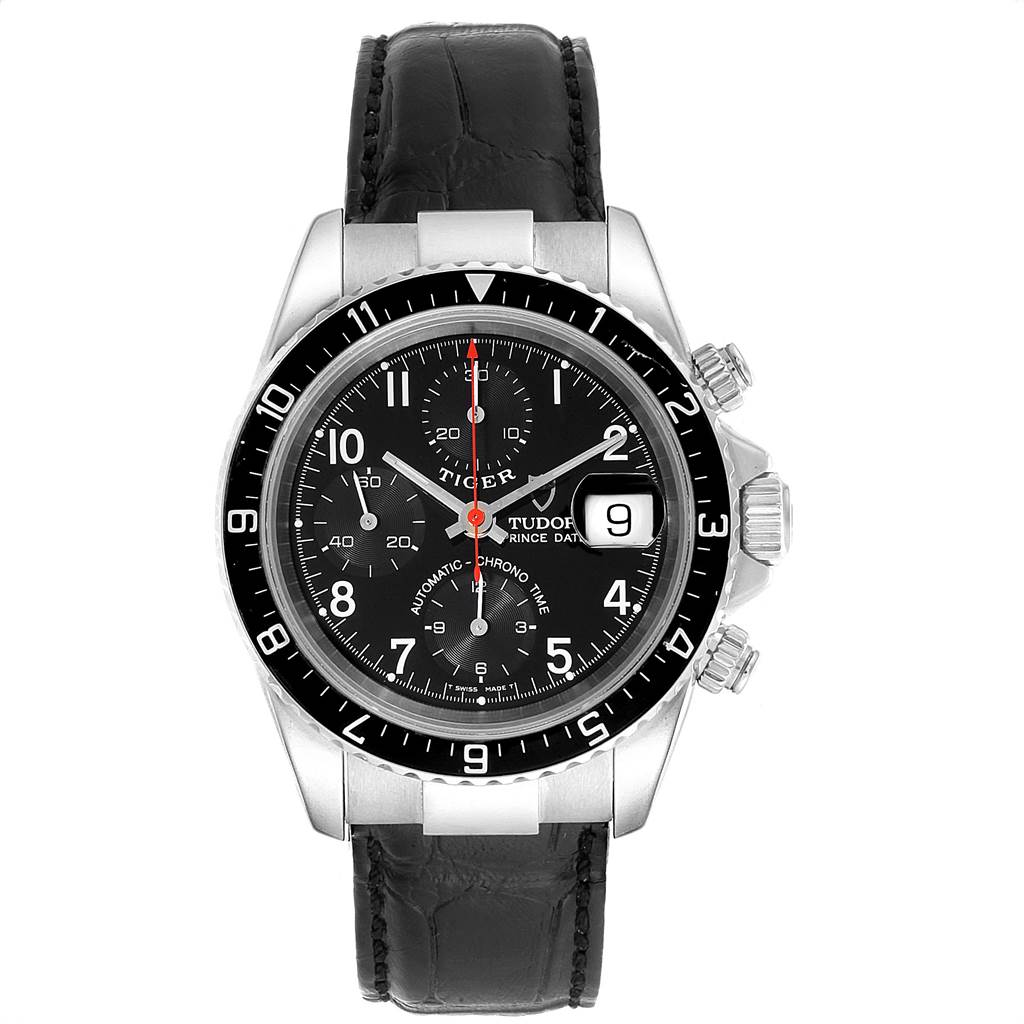 The image displays a front view of a Tudor Tiger 79270 Men's Stainless Steel Black Dial 79270 Men's Stainless Steel Black Dial model watch, showing the face, bezel, crown, and leather strap.
