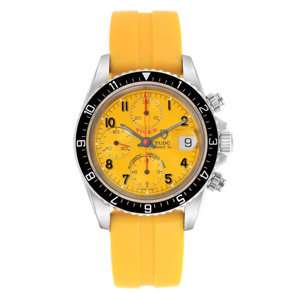 The Tudor Tiger 79270 Men's Stainless Steel Yellow Dial 79270 Men's Stainless Steel Yellow Dial model watch is shown from the front, displaying its yellow dial, chronograph functions, and yellow strap.