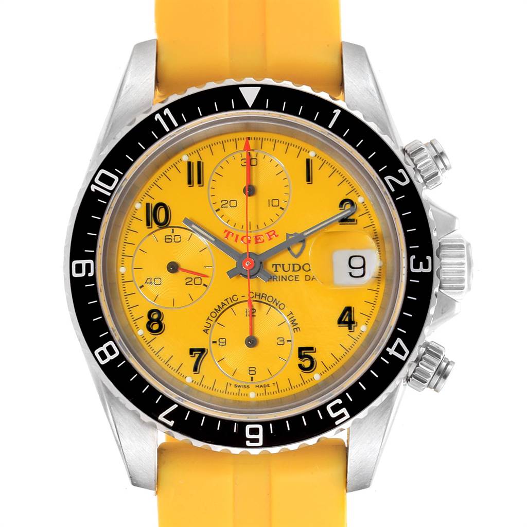 The Tudor Tiger 79270 Men's Stainless Steel Yellow Dial 79270 Men's Stainless Steel Yellow Dial watch is shown from the front, displaying the yellow dial, bezel, sub-dials, and side crowns.