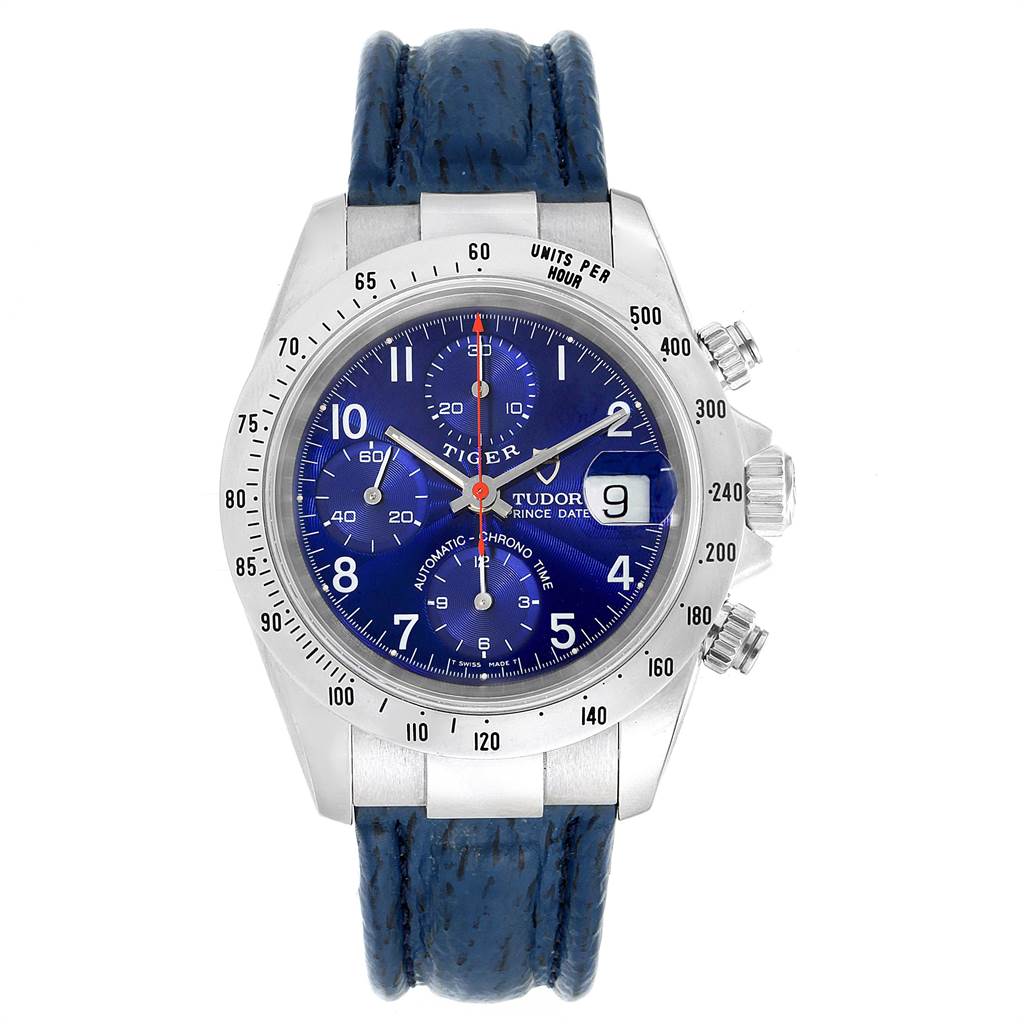 The Tudor Tiger 79280P Men's Stainless Steel Blue Dial 79280P Men's Stainless Steel Blue Dial model watch is shown from the front, displaying the dial, bezel, three subdials, crown, pushers, and blue strap.