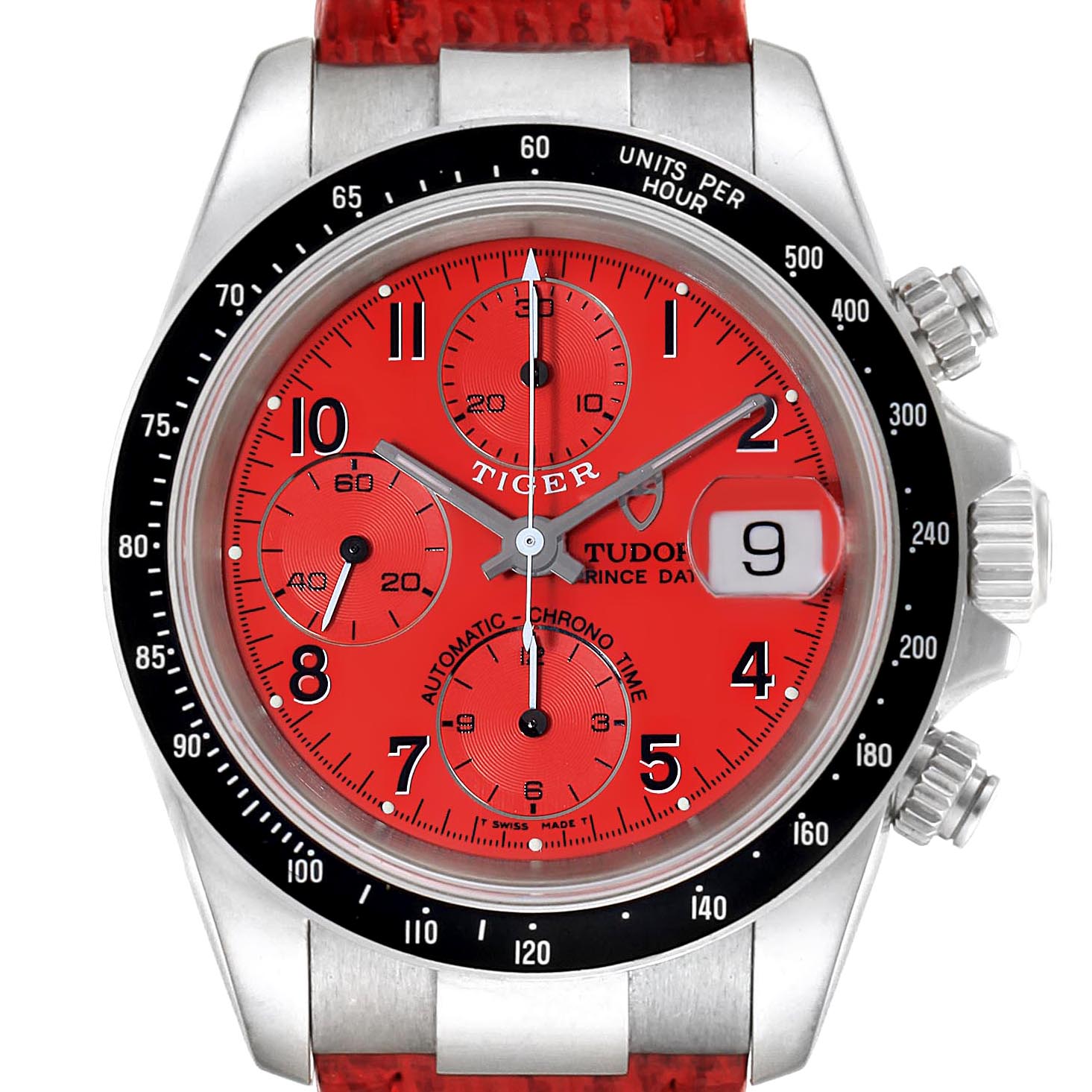 The Tudor Tiger 79260 Men's Stainless Steel Red Dial 79260 Men's Stainless Steel Red Dial watch is shown from the front, displaying the red dial, chronograph subdials, and date at 3 o'clock.