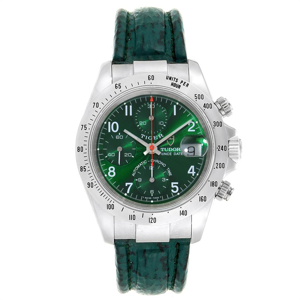 The Tudor Tiger 79280P Men's Stainless Steel Green Dial 79280P Men's Stainless Steel Green Dial model watch is shown from a front angle, displaying its green dial, stainless steel case, and green leather strap.
