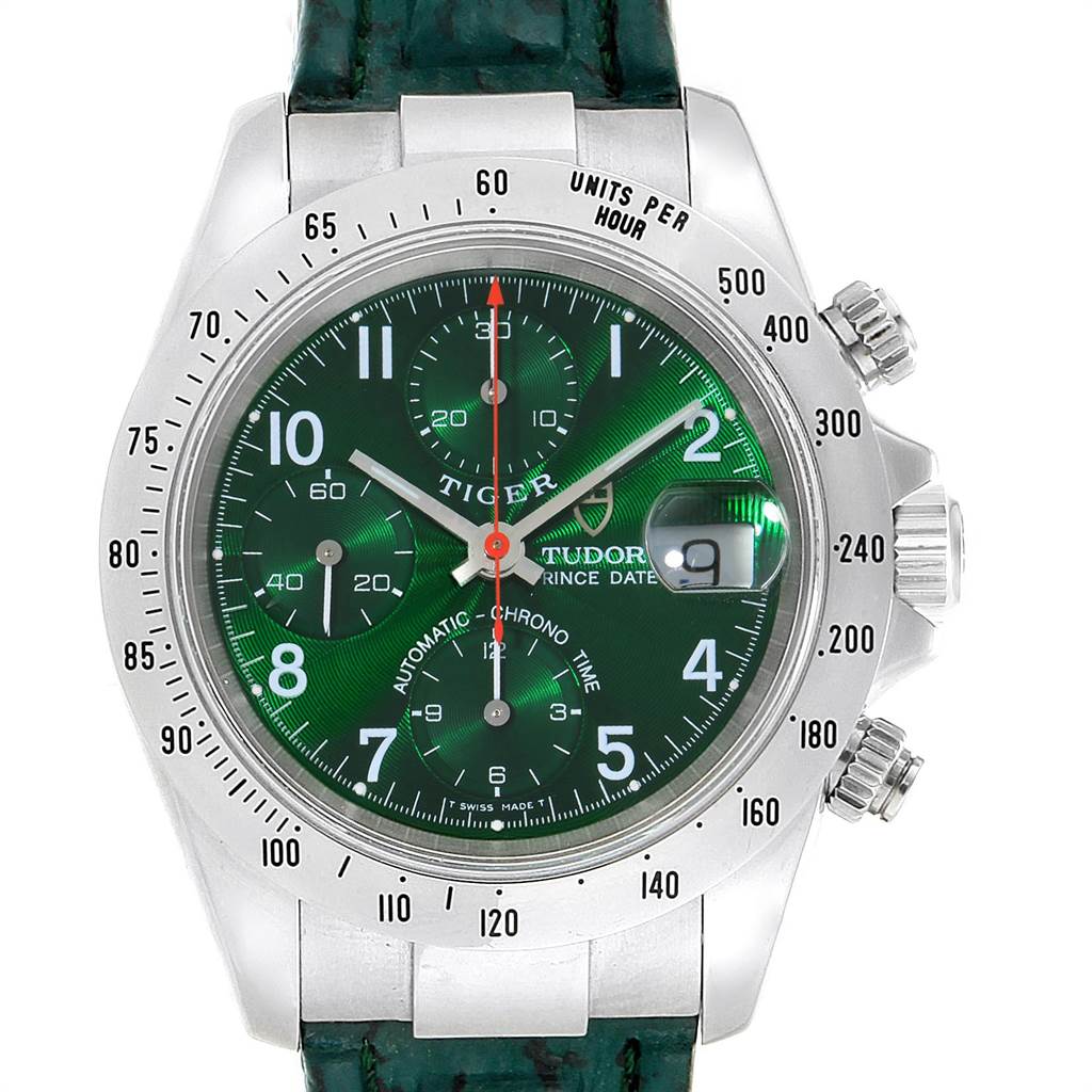 The image shows a front view of the Tudor Tiger 79280P Men's Stainless Steel Green Dial 79280P Men's Stainless Steel Green Dial model watch, highlighting its green dial, chronograph sub-dials, and date magnifier.