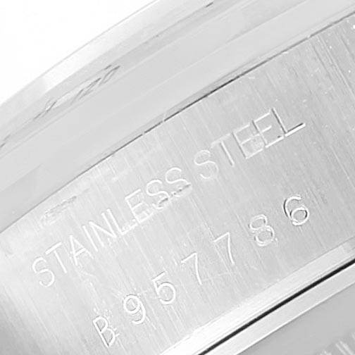 This close-up image shows the stainless steel case back of the Tudor Tiger 79280P Men's Stainless Steel Green Dial 79280P Men's Stainless Steel Green Dial model watch, including its engraving and serial number.