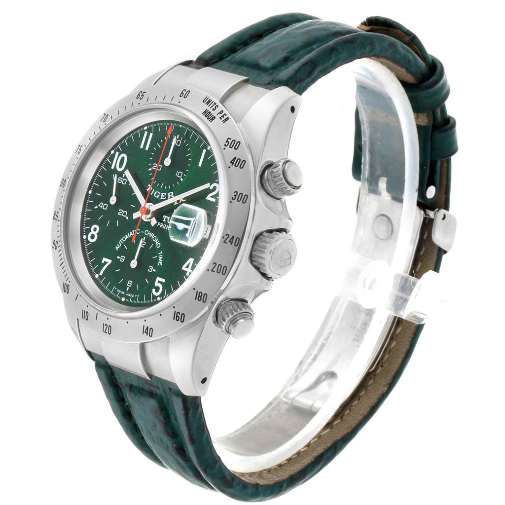 The Tudor Tiger 79280P Men's Stainless Steel Green Dial 79280P Men's Stainless Steel Green Dial watch is angled to show the green dial, stainless steel case, crown, pushers, and leather strap.