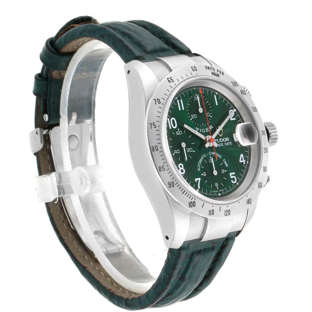 The image shows a side view of the Tudor Tiger 79280P Men's Stainless Steel Green Dial 79280P Men's Stainless Steel Green Dial watch, highlighting the green dial, bezel, and leather strap.