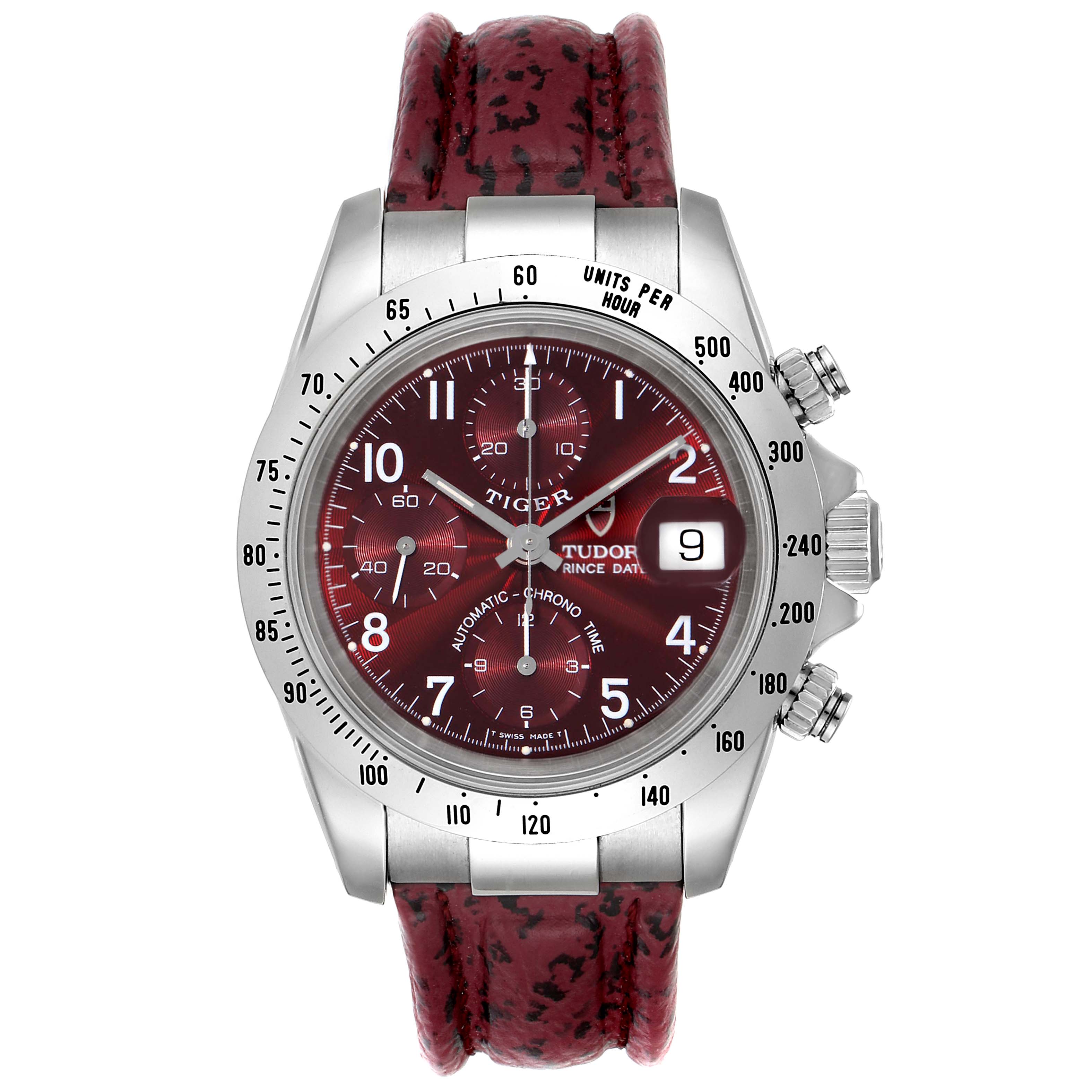 This image shows the Tudor Tiger 79280P Men's Stainless Steel Burgundy Dial 79280P Men's Stainless Steel Burgundy Dial watch from a front angle, highlighting the face, dials, bezel, and red leather strap.
