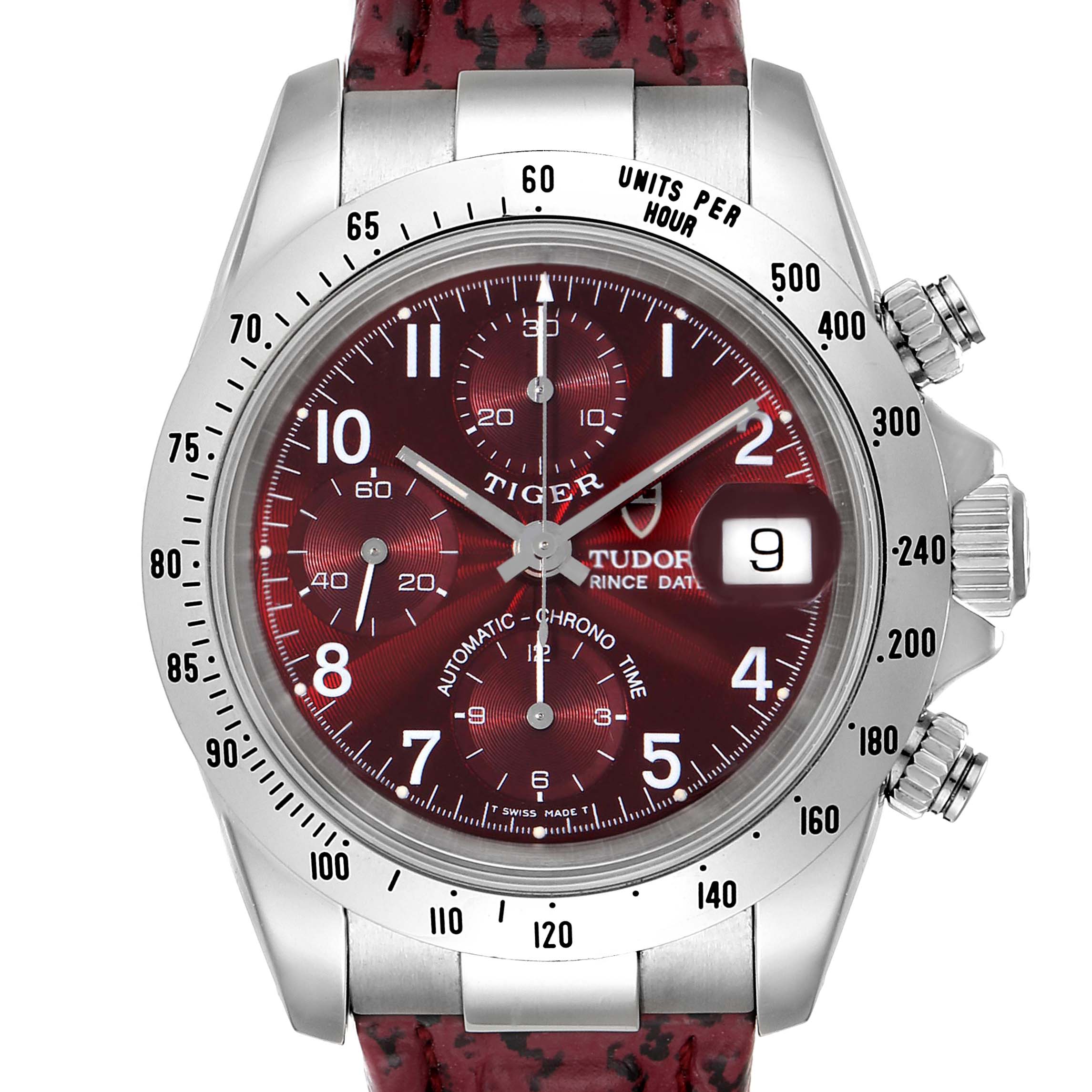 The image shows a Tudor Tiger 79280P Men's Stainless Steel Burgundy Dial 79280P Men's Stainless Steel Burgundy Dial model watch with a close-up of its face, including the date window, chronograph dials, and bezel markings.