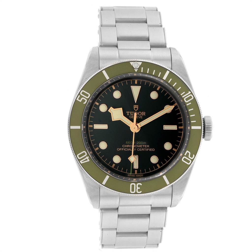 The image shows a front view of a Tudor Heritage Black Bay 79230G Men's Stainless Steel Black Dial 79230G Men's Stainless Steel Black Dial watch, displaying the dial, bezel, and bracelet.