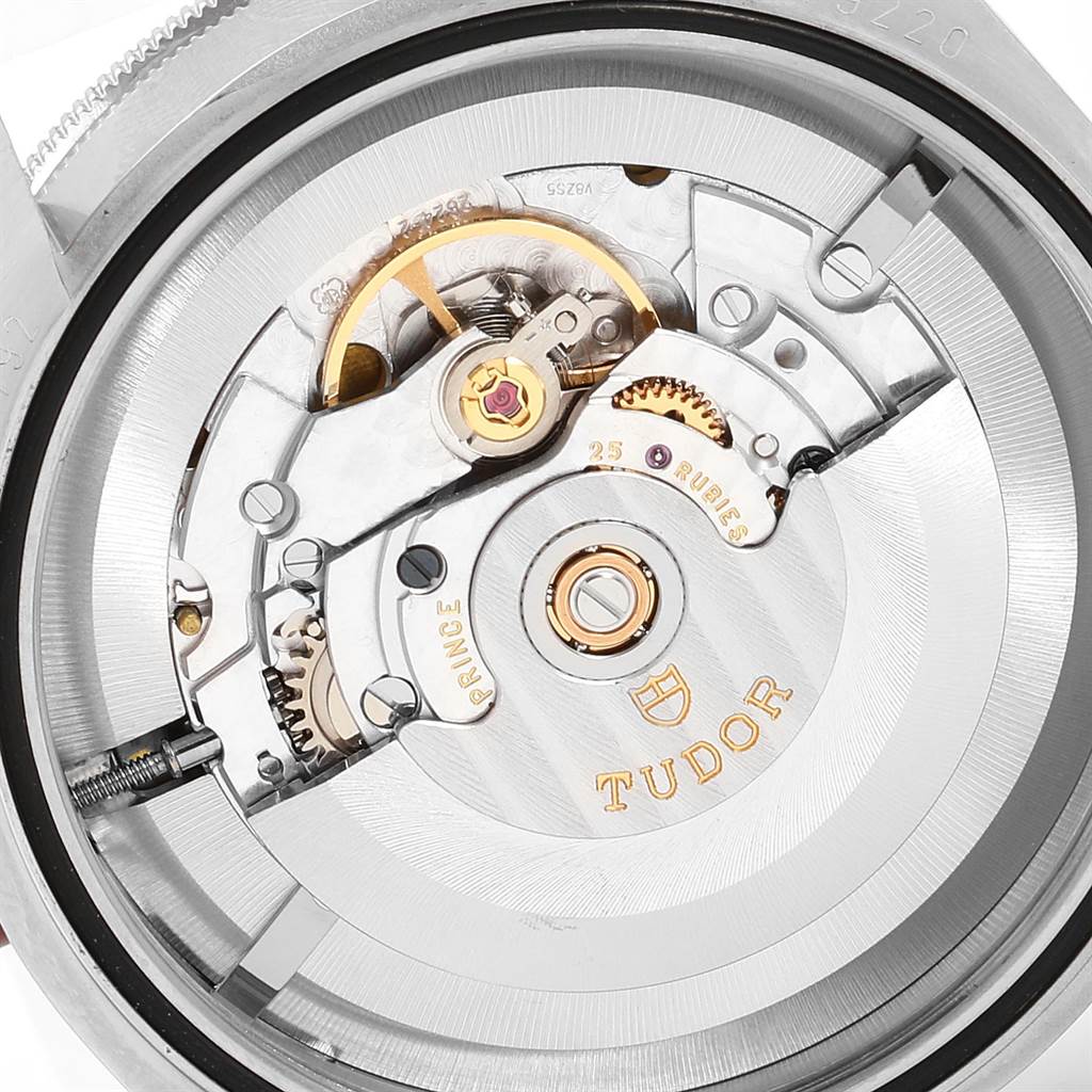 This image shows a detailed view of the movement mechanism inside a Tudor Heritage Black Bay 79220R Men's Stainless Steel Black Dial 79220R Men's Stainless Steel Black Dial watch.