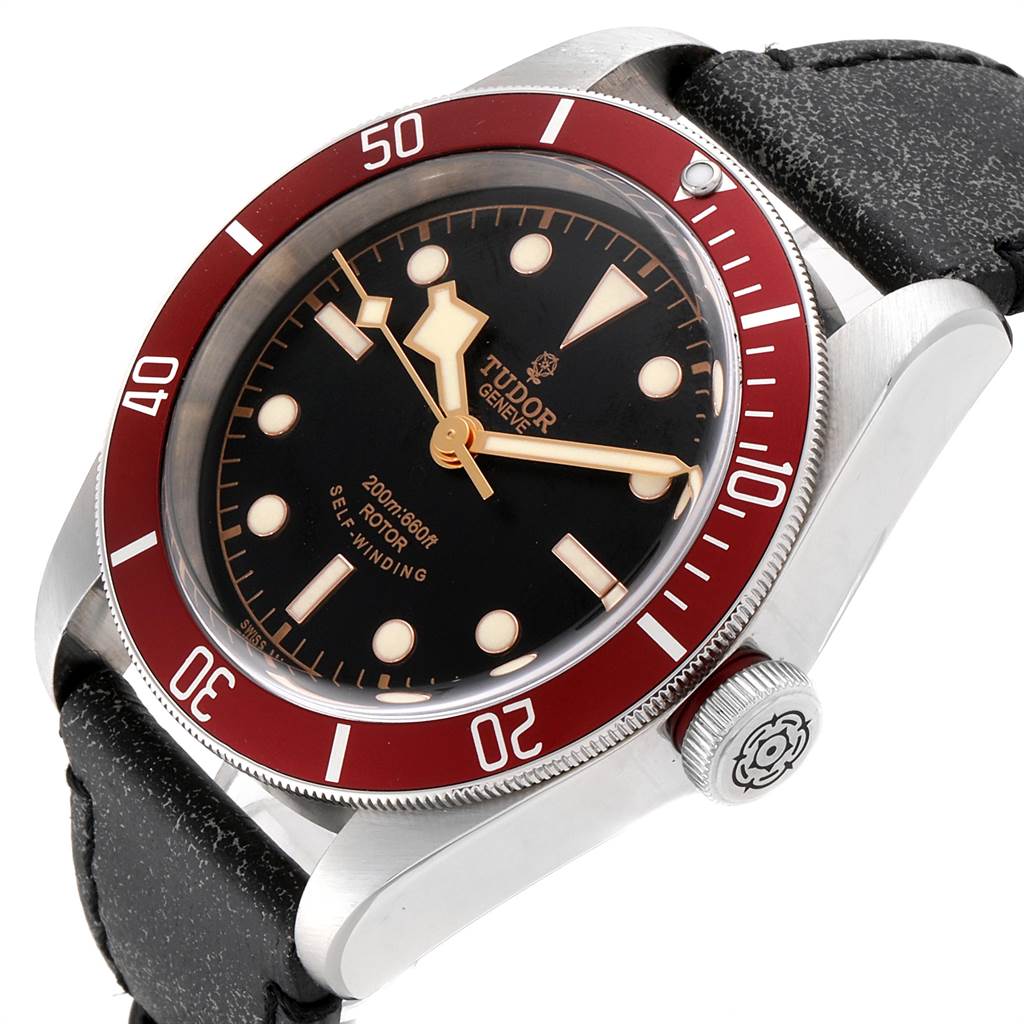 The image shows a Tudor Heritage Black Bay 79220R Men's Stainless Steel Black Dial 79220R Men's Stainless Steel Black Dial watch at an angled side view, displaying the dial, bezel, case, and crown.