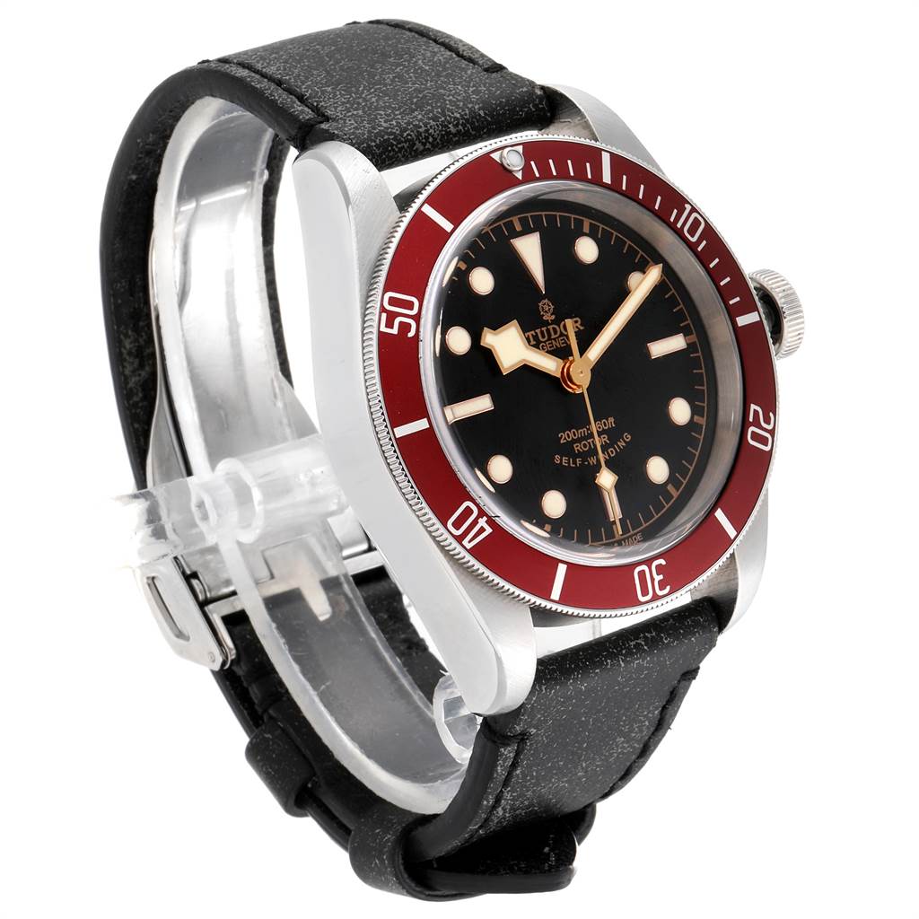 The image shows a Tudor Heritage Black Bay 79220R Men's Stainless Steel Black Dial 79220R Men's Stainless Steel Black Dial watch at a three-quarter angle, highlighting the face, bezel, strap, and crown.