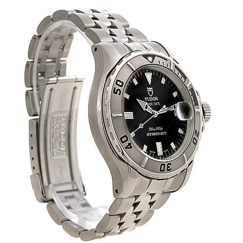 The Tudor Hydronaut 89190 Men's Stainless Steel Black Dial 89190 Men's Stainless Steel Black Dial watch is shown at a three-quarter angle, displaying its face, bezel, and stainless steel bracelet.