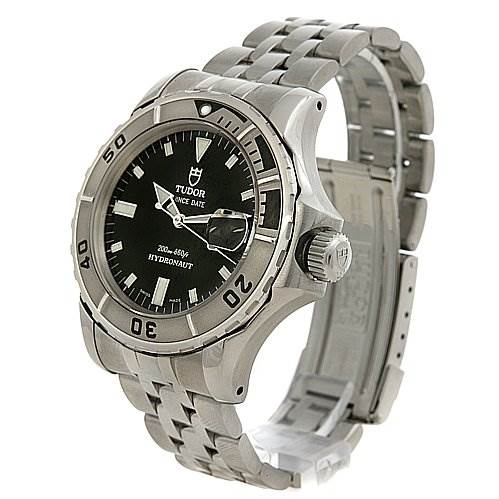 The image shows a Tudor Hydronaut 89190 Men's Stainless Steel Black Dial 89190 Men's Stainless Steel Black Dial watch from an angled front view, highlighting the face, bezel, crown, and metal bracelet.