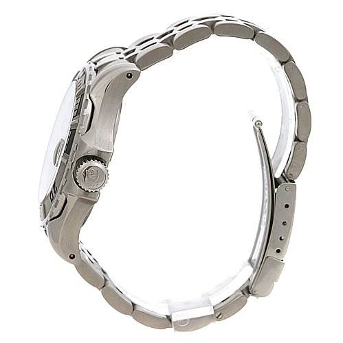 The image shows a side view of a Tudor Hydronaut 89190 Men's Stainless Steel Black Dial 89190 Men's Stainless Steel Black Dial watch, including its crown and metal bracelet.