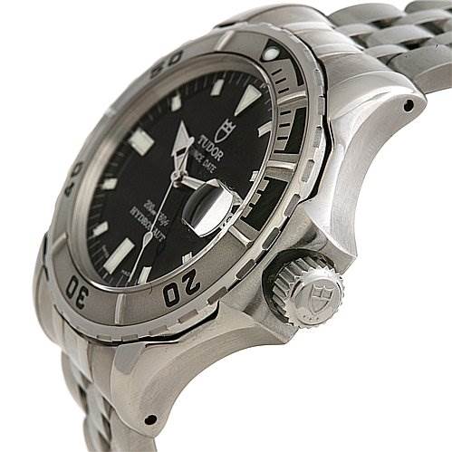 The image shows a close-up angle of a Tudor Hydronaut 89190 Men's Stainless Steel Black Dial 89190 Men's Stainless Steel Black Dial watch, highlighting the crown, bezel, and part of the bracelet.