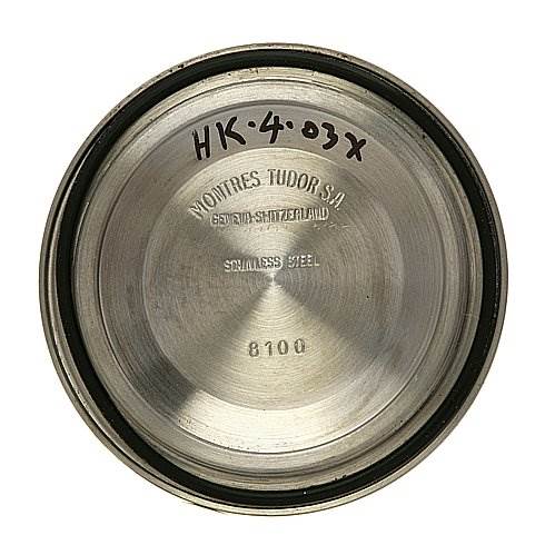 The image shows the back case interior of a Tudor Hydronaut 89190 Men's Stainless Steel Black Dial 89190 Men's Stainless Steel Black Dial watch, including its engravings and a handwritten note.