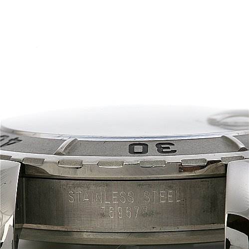 The image shows a close-up, side view of the bezel and case of the Tudor Hydronaut 89190 Men's Stainless Steel Black Dial 89190 Men's Stainless Steel Black Dial watch, highlighting its "Stainless Steel" and model number engraving.