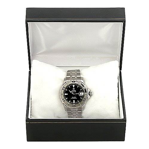 The image shows a Tudor Hydronaut 89190 Men's Stainless Steel Black Dial 89190 Men's Stainless Steel Black Dial watch, front view, in a box with a metal bracelet.