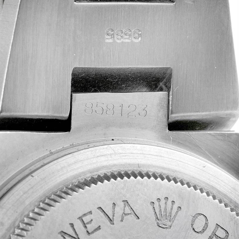 The image shows a close-up of the serial number and part of the case back of the Tudor Prince 9101/0 Men's Stainless Steel Silver Dial 9101/0 Men's Stainless Steel Silver Dial watch.