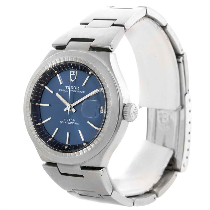 This Tudor Prince 9101/0 Men's Stainless Steel Blue Dial 9101/0 Men's Stainless Steel Blue Dial model watch is shown at a slight angle, displaying the face, bezel, crown, and a portion of the bracelet.