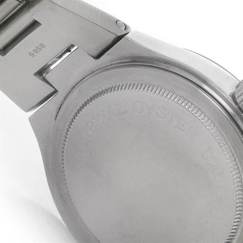 This image shows the back case and part of the bracelet of a Tudor Prince 9101/0 Men's Stainless Steel Blue Dial 9101/0 Men's Stainless Steel Blue Dial model watch, viewed from a close-up angle.