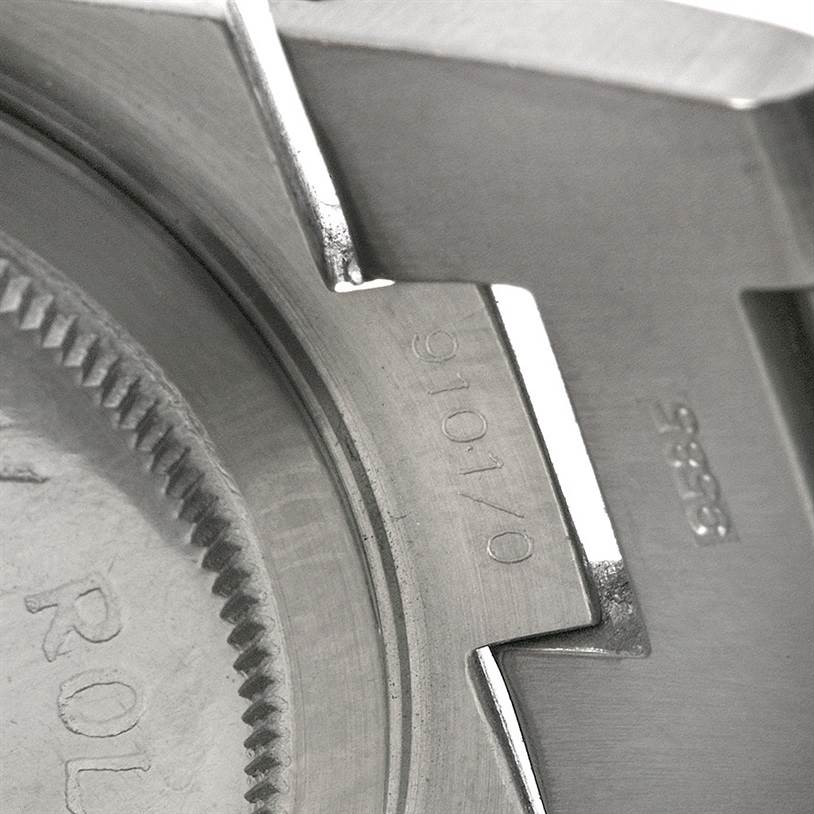 The image shows an angled close-up of the case back of a Tudor Prince 9101/0 Men's Stainless Steel Blue Dial 9101/0 Men's Stainless Steel Blue Dial model watch, highlighting its lug and serial number.