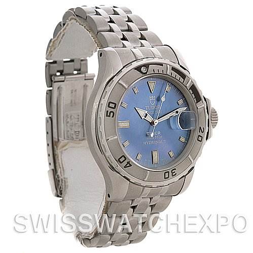 This image shows a Tudor Hydronaut 16220 P Men's Stainless Steel Mother of Pearl Dial 16220 P Men's Stainless Steel Mother of Pearl Dial watch at a slight angle, highlighting its face, bezel, crown, and bracelet.