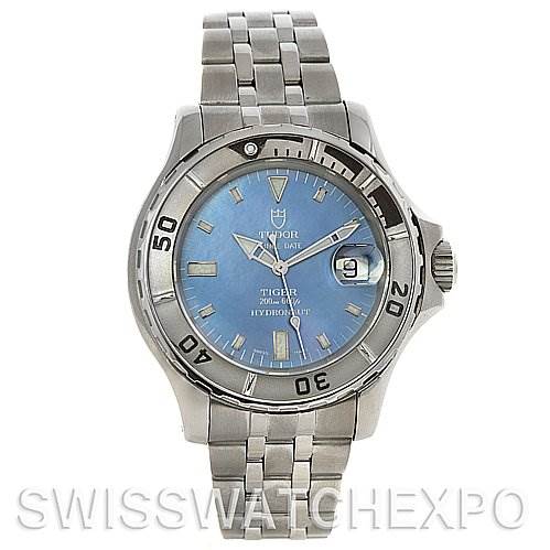 The image shows the face and bracelet of a Tudor Hydronaut 16220 P Men's Stainless Steel Mother of Pearl Dial 16220 P Men's Stainless Steel Mother of Pearl Dial watch with a blue dial and steel case.