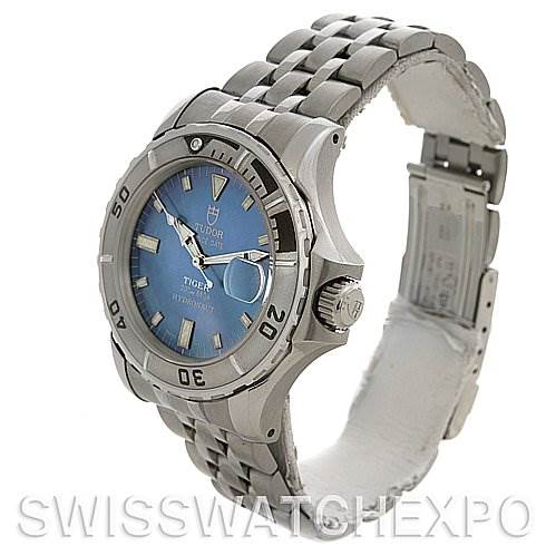 This image shows a Tudor Hydronaut 16220 P Men's Stainless Steel Mother of Pearl Dial 16220 P Men's Stainless Steel Mother of Pearl Dial watch angled to display the face, bezel, crown, and part of the bracelet.