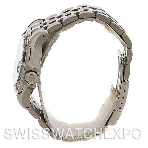 The image shows a side view of a Tudor Hydronaut 16220 P Men's Stainless Steel Mother of Pearl Dial 16220 P Men's Stainless Steel Mother of Pearl Dial watch, focusing on the case, crown, and bracelet.