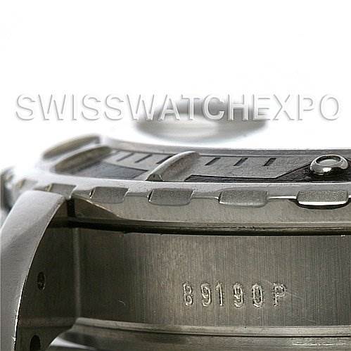 The image shows a close-up side view of the bezel and case, highlighting the serial number of a Tudor Hydronaut 16220 P Men's Stainless Steel Mother of Pearl Dial 16220 P Men's Stainless Steel Mother of Pearl Dial watch.