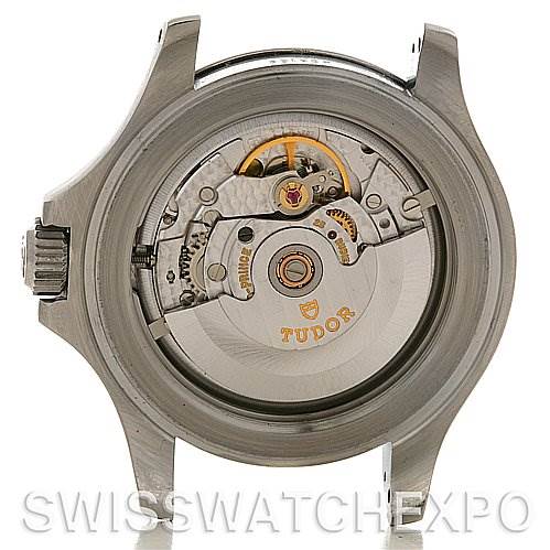 This image shows the back view of the Tudor Hydronaut 16220 P Men's Stainless Steel Mother of Pearl Dial 16220 P Men's Stainless Steel Mother of Pearl Dial watch, highlighting the internal movement and mechanisms.