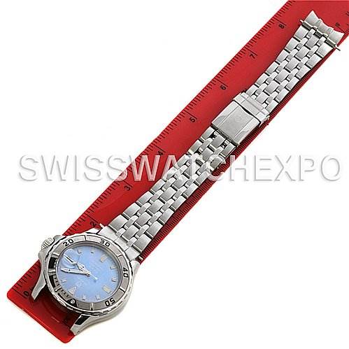 This image shows an overhead view of the Tudor Hydronaut 16220 P Men's Stainless Steel Mother of Pearl Dial 16220 P Men's Stainless Steel Mother of Pearl Dial watch, highlighting its face, bezel, and metallic bracelet.