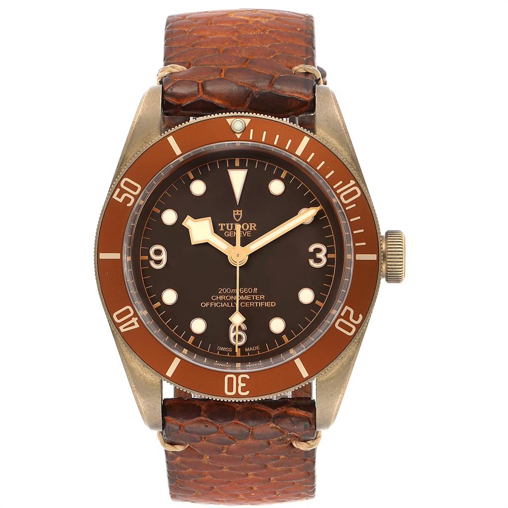 The image shows a front view of the Tudor Heritage Black Bay 79250B Men's Bronze Brown Dial 79250B Men's Bronze Brown Dial watch, displaying its dial, bezel, and leather strap.