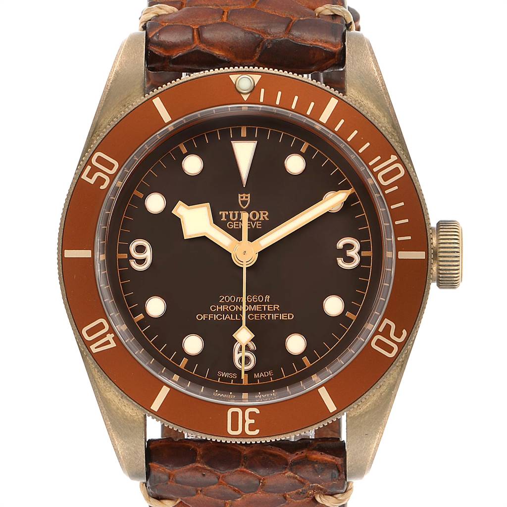 This image shows the front view of the Tudor Heritage Black Bay 79250B Men's Bronze Brown Dial 79250B Men's Bronze Brown Dial watch, highlighting its dial, bezel, and strap.