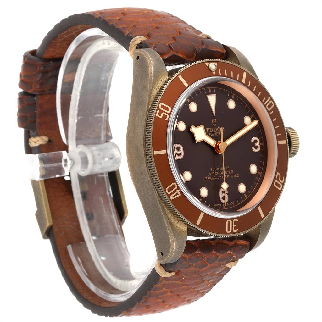 The image shows a Tudor Heritage Black Bay 79250B Men's Bronze Brown Dial 79250B Men's Bronze Brown Dial watch at a three-quarter left-side angle, highlighting the dial, bezel, case, crown, and strap.
