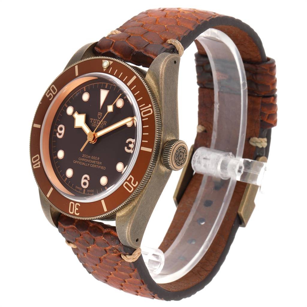 The image shows a Tudor Heritage Black Bay 79250B Men's Bronze Brown Dial 79250B Men's Bronze Brown Dial watch in a 3/4 angle, highlighting the bronze case, bezel, and brown leather strap.