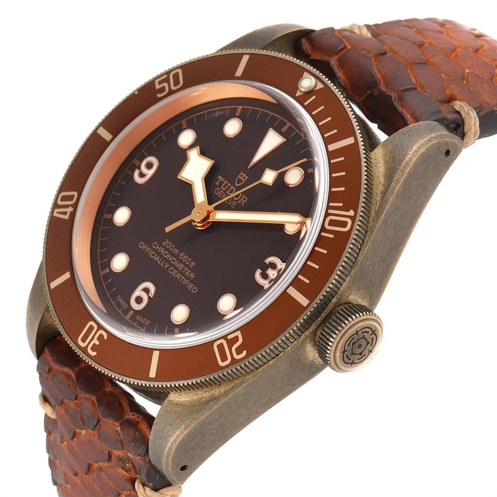 The Tudor Heritage Black Bay 79250B Men's Bronze Brown Dial 79250B Men's Bronze Brown Dial watch is shown at a slight angle, highlighting the face, bezel, crown, and leather strap.
