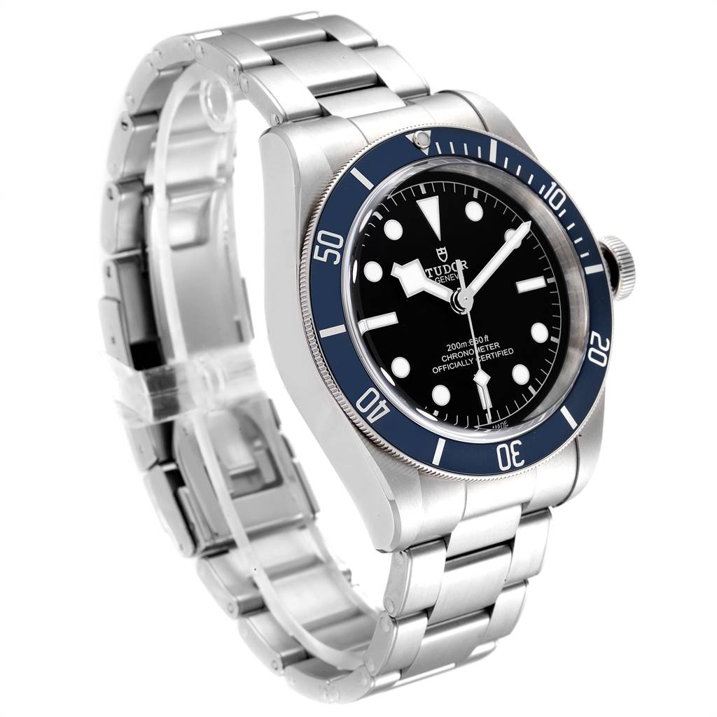 The image shows a Heritage Black Bay model by Tudor at a slight angle, displaying the face, bezel, and stainless steel bracelet.