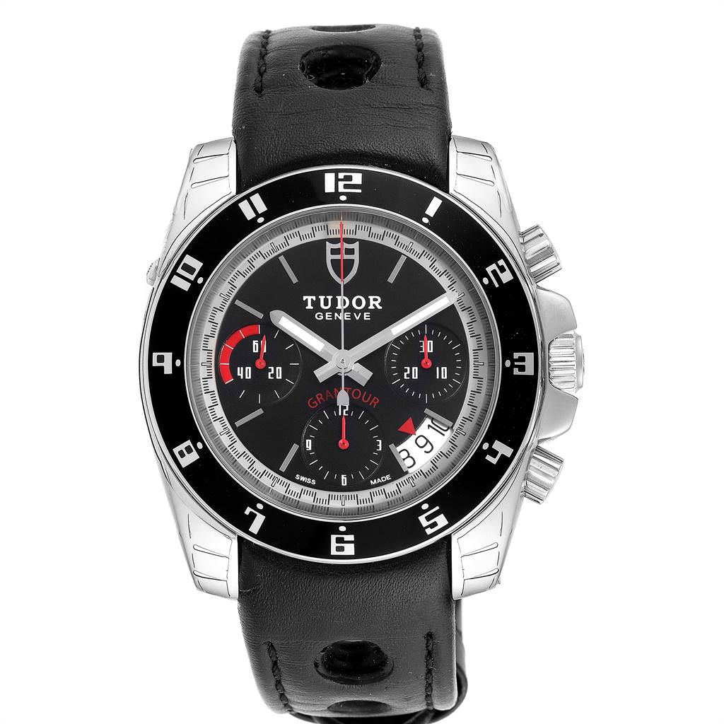 The image shows a front view of the Tudor Grantour 20350N-BKSLPL Men
s Stainless Steel Black Dial 20350N-BKSLPL Men
s Stainless Steel Black Dial watch, featuring its face, bezel, crown, and leather strap.
